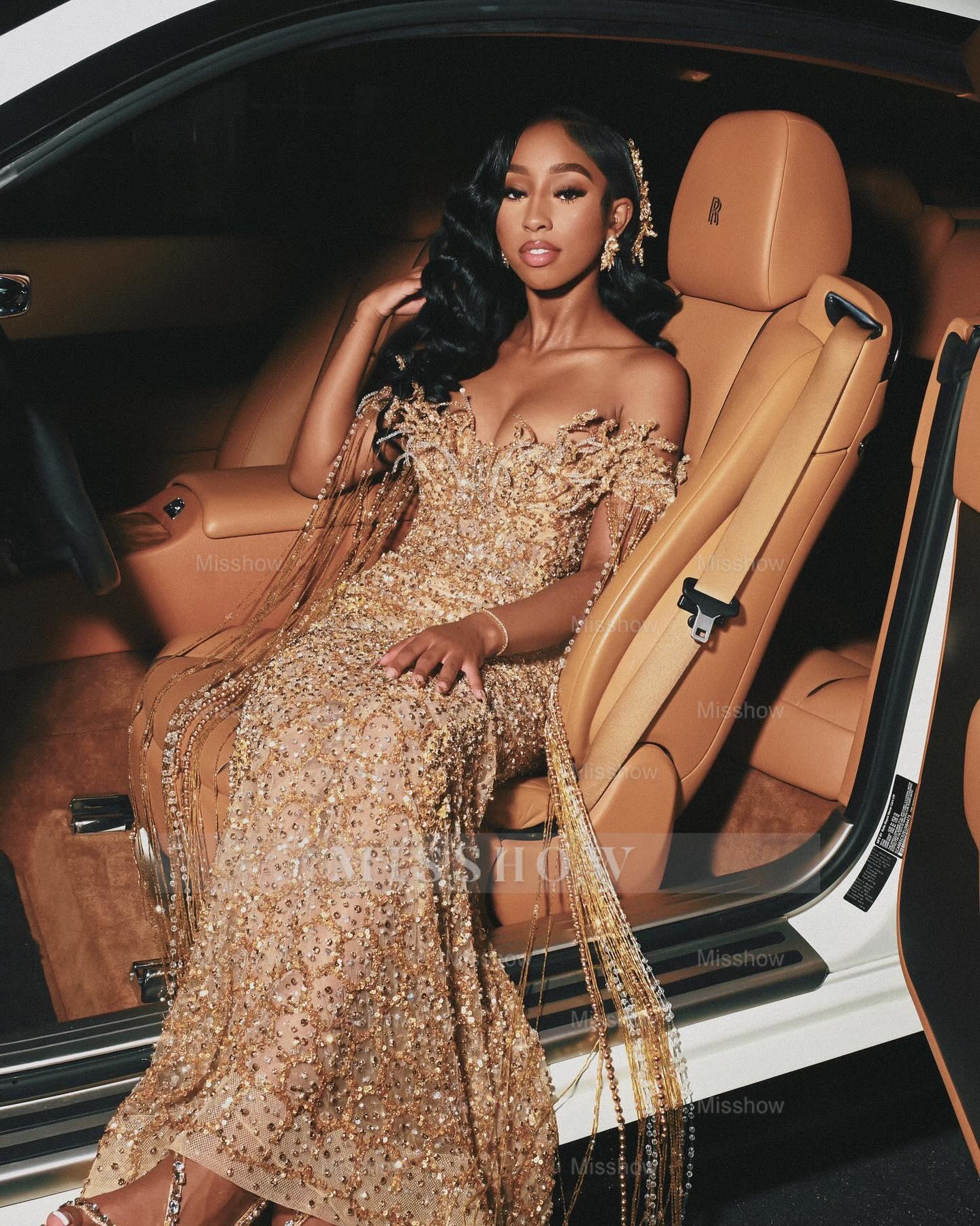 Gold off-the-shoulder beaded mermaid prom dress