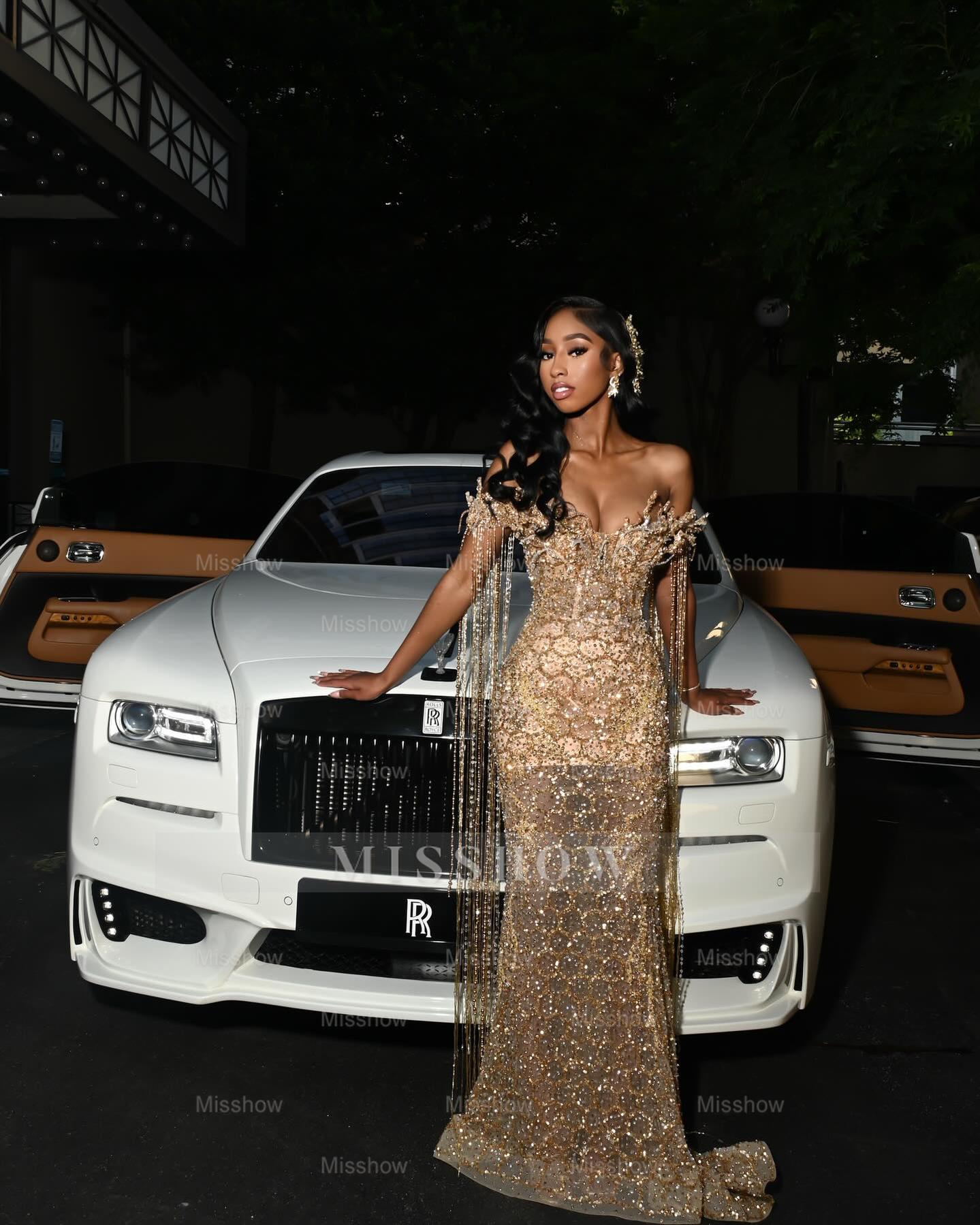 Gold off-the-shoulder beaded mermaid prom dress