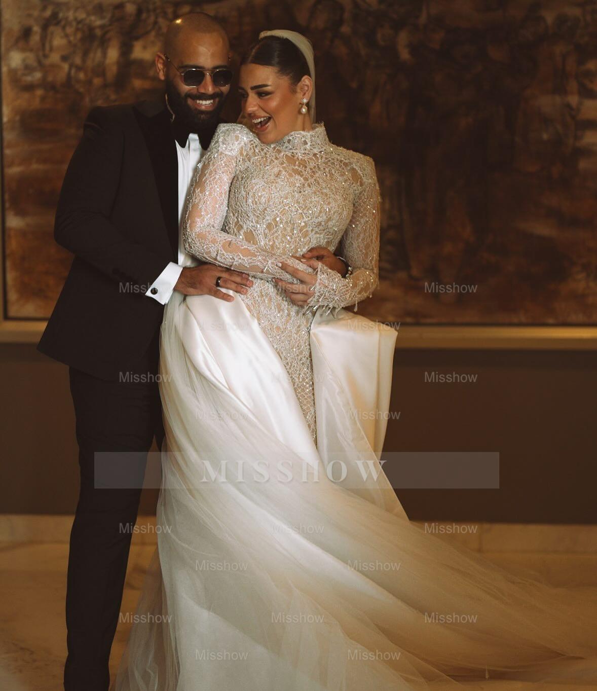 Luxury Long High Neck White Mermaid Lace Beaded Wedding Dress with Long Sleeves and Detachable Train