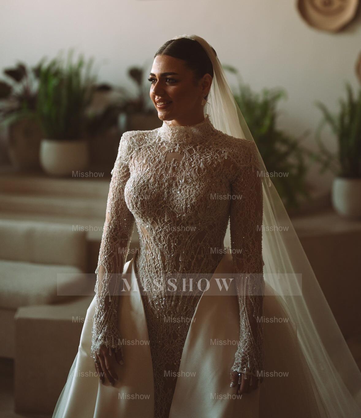 Luxury Long High Neck White Mermaid Lace Beaded Wedding Dress with Long Sleeves and Detachable Train