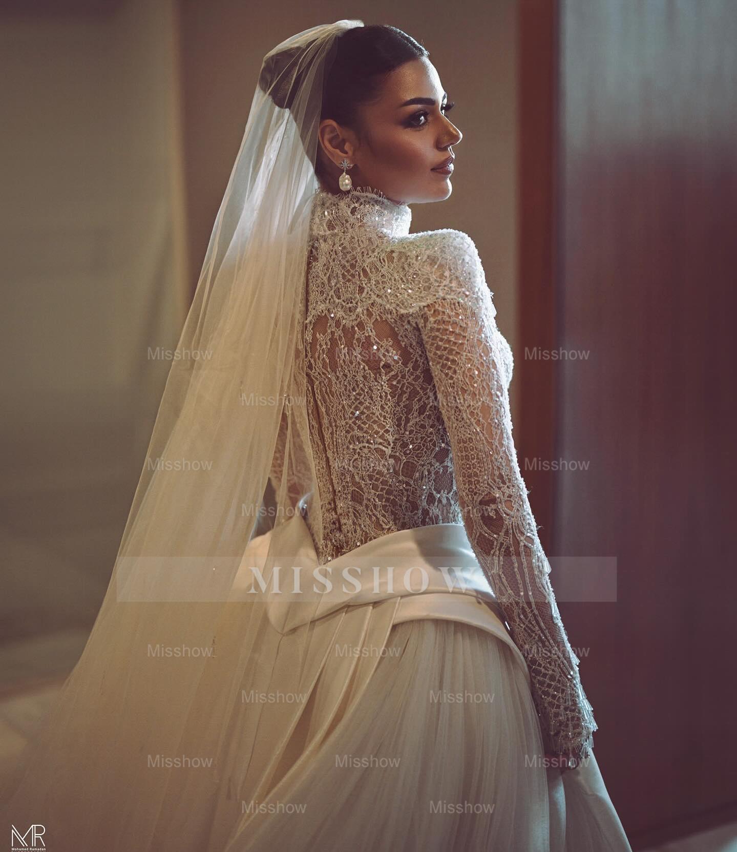 high neck beaded wedding dress High Neck Beaded Wedding Dress with Long Sleeves Elegant Tulle A-Line Tulle Wedding Gown with Pearl Embellishments Plus Size Size 22W