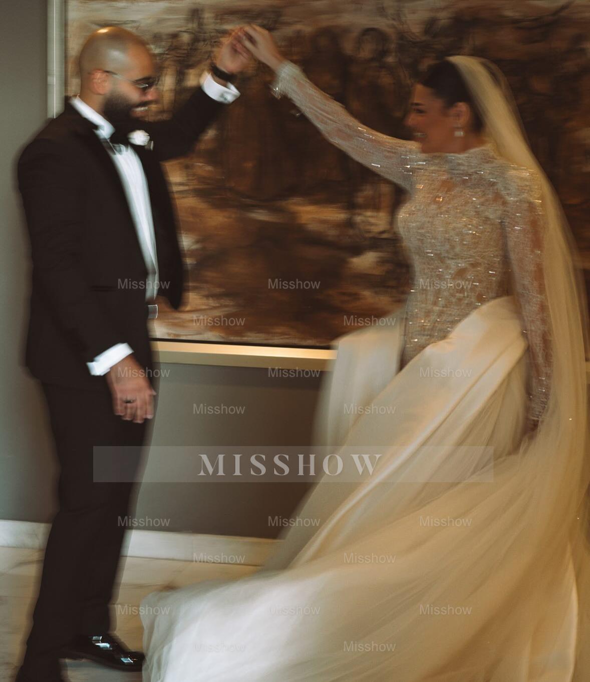 Luxury Long High Neck White Mermaid Lace Beaded Wedding Dress with Long Sleeves and Detachable Train
