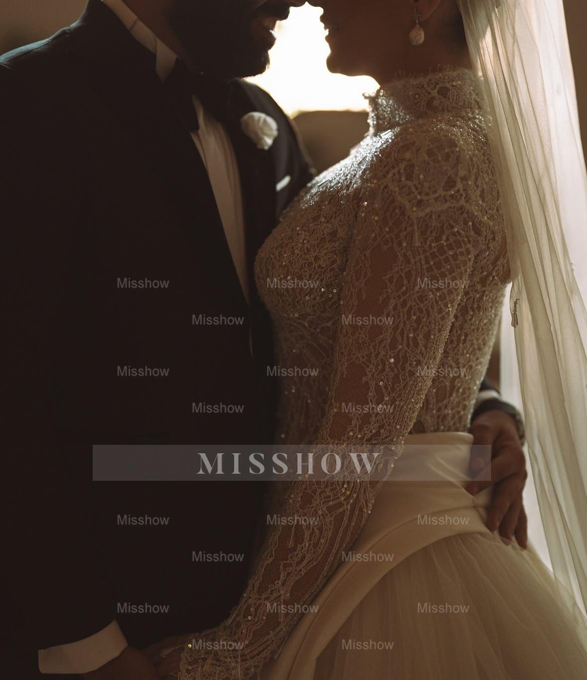 Luxury Long High Neck White Mermaid Lace Beaded Wedding Dress with Long Sleeves and Detachable Train