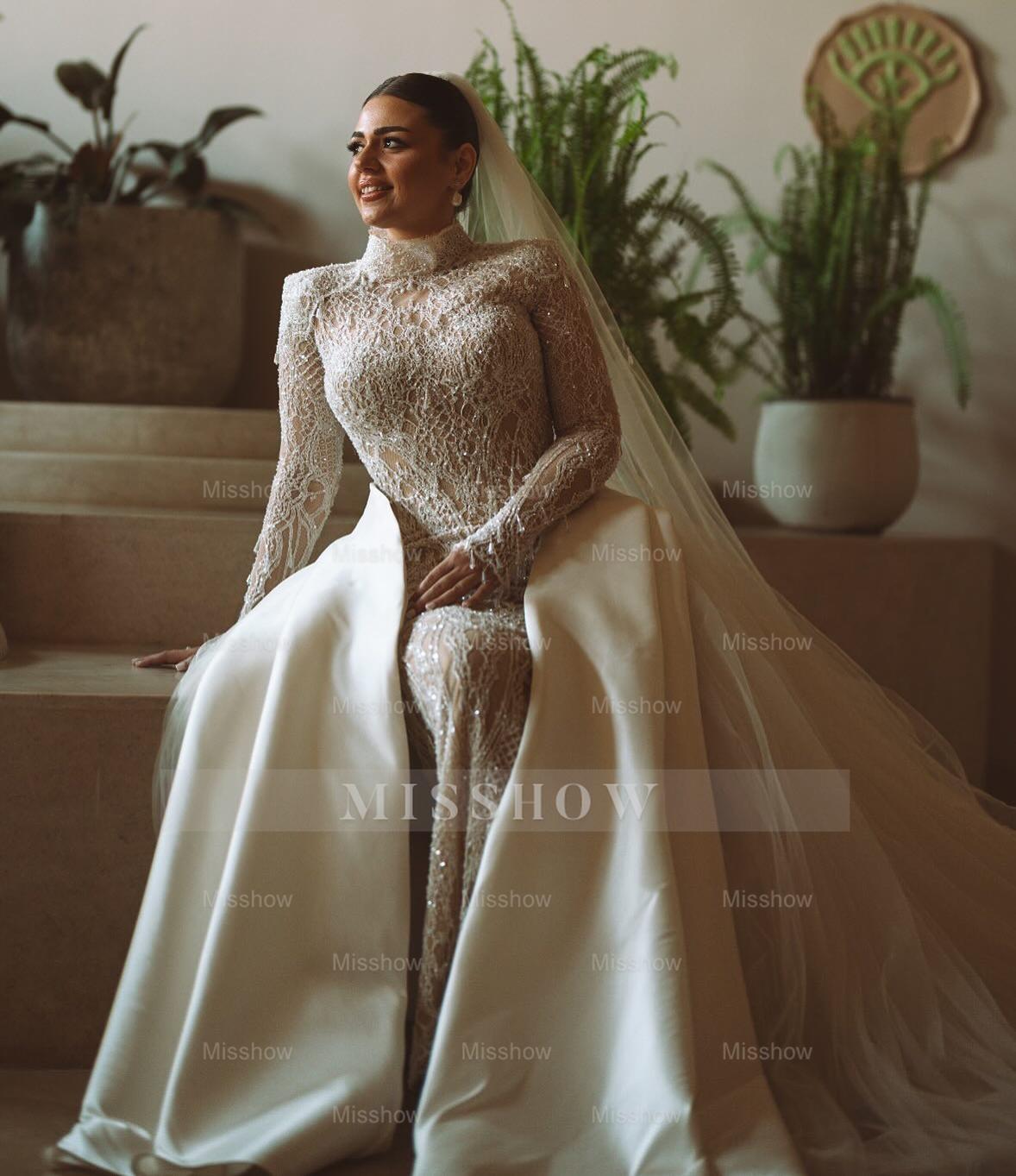Luxury Long High Neck White Mermaid Lace Beaded Wedding Dress with Long Sleeves and Detachable Train