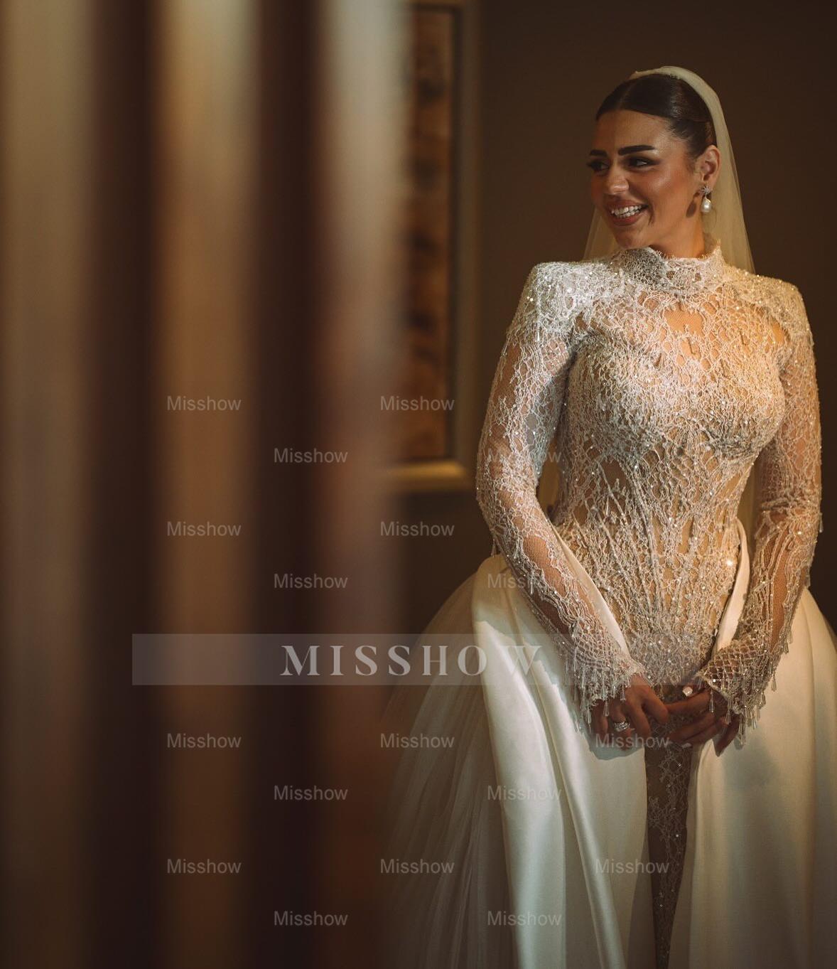Luxury Long High Neck White Mermaid Lace Beaded Wedding Dress with Long Sleeves and Detachable Train