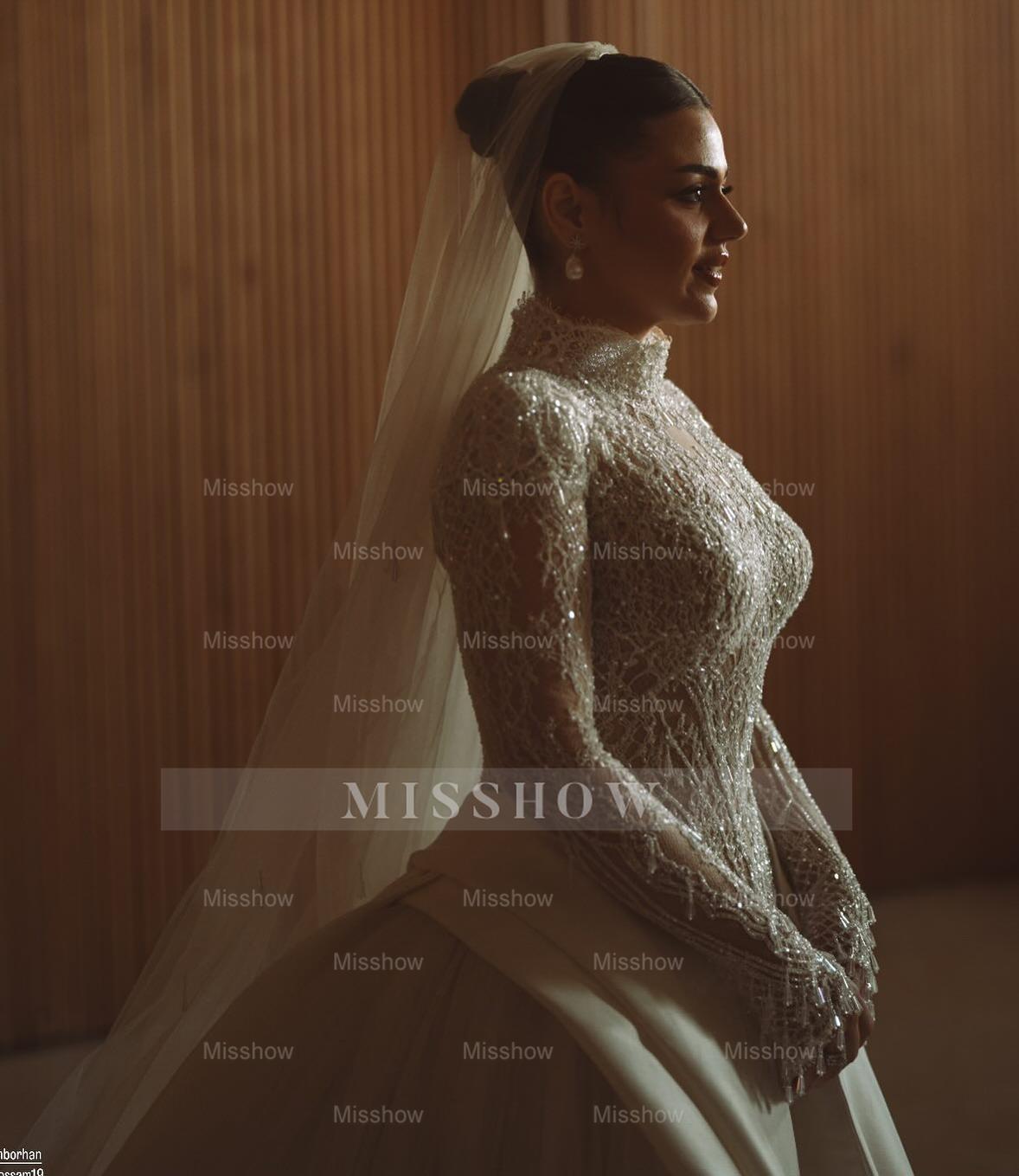 Luxury Long High Neck White Mermaid Lace Beaded Wedding Dress with Long Sleeves and Detachable Train