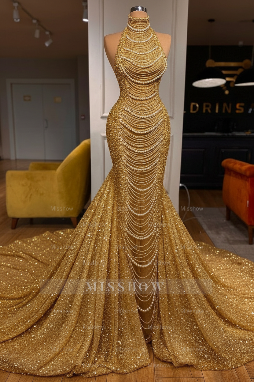 Luxury Long Mermaid Halter Beading Sleeveless Wedding Dress With Pearls