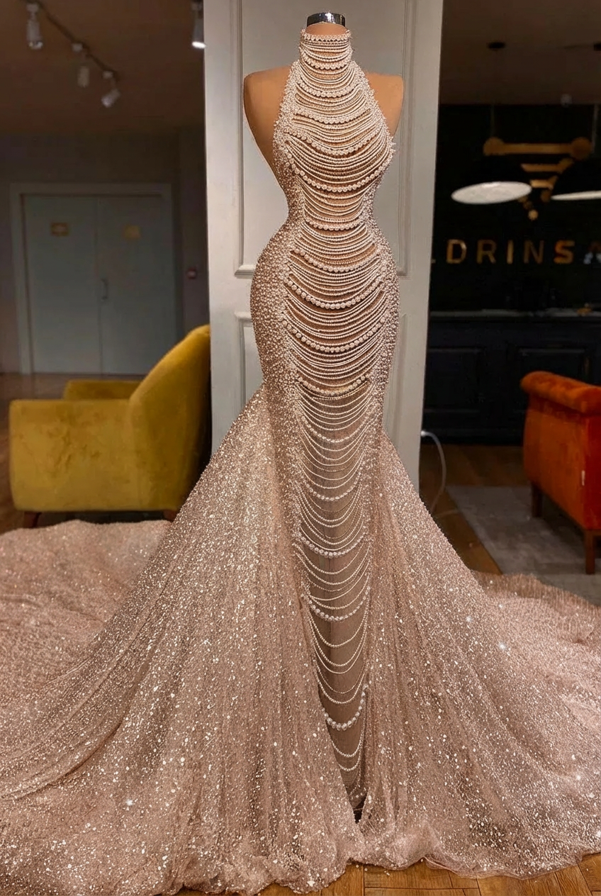 Luxury Long Mermaid Halter Beading Sleeveless Wedding Dress With Pearls