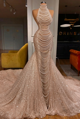 Luxury Long Mermaid Halter Beading Sleeveless Wedding Dress With Pearls