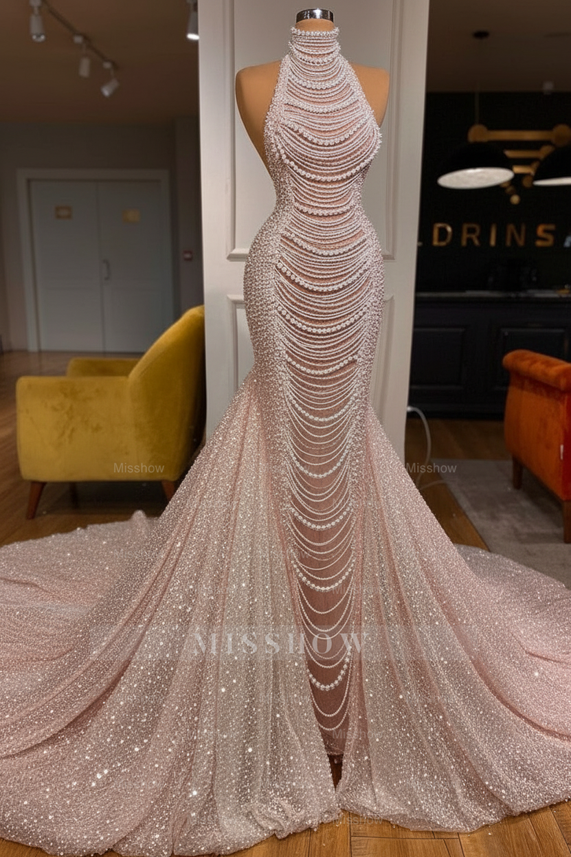 Luxury Long Mermaid Halter Beading Sleeveless Wedding Dress With Pearls