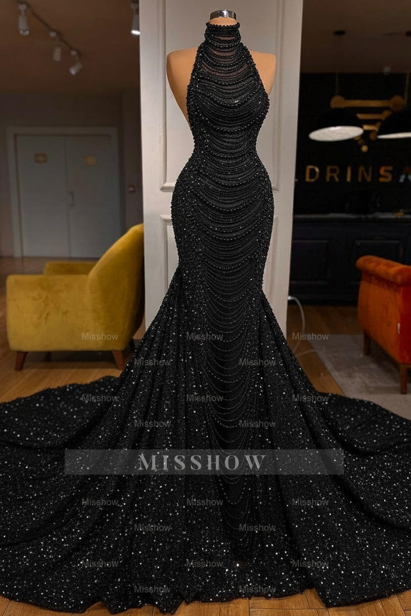 Luxury Long Mermaid Halter Beading Sleeveless Wedding Dress With Pearls