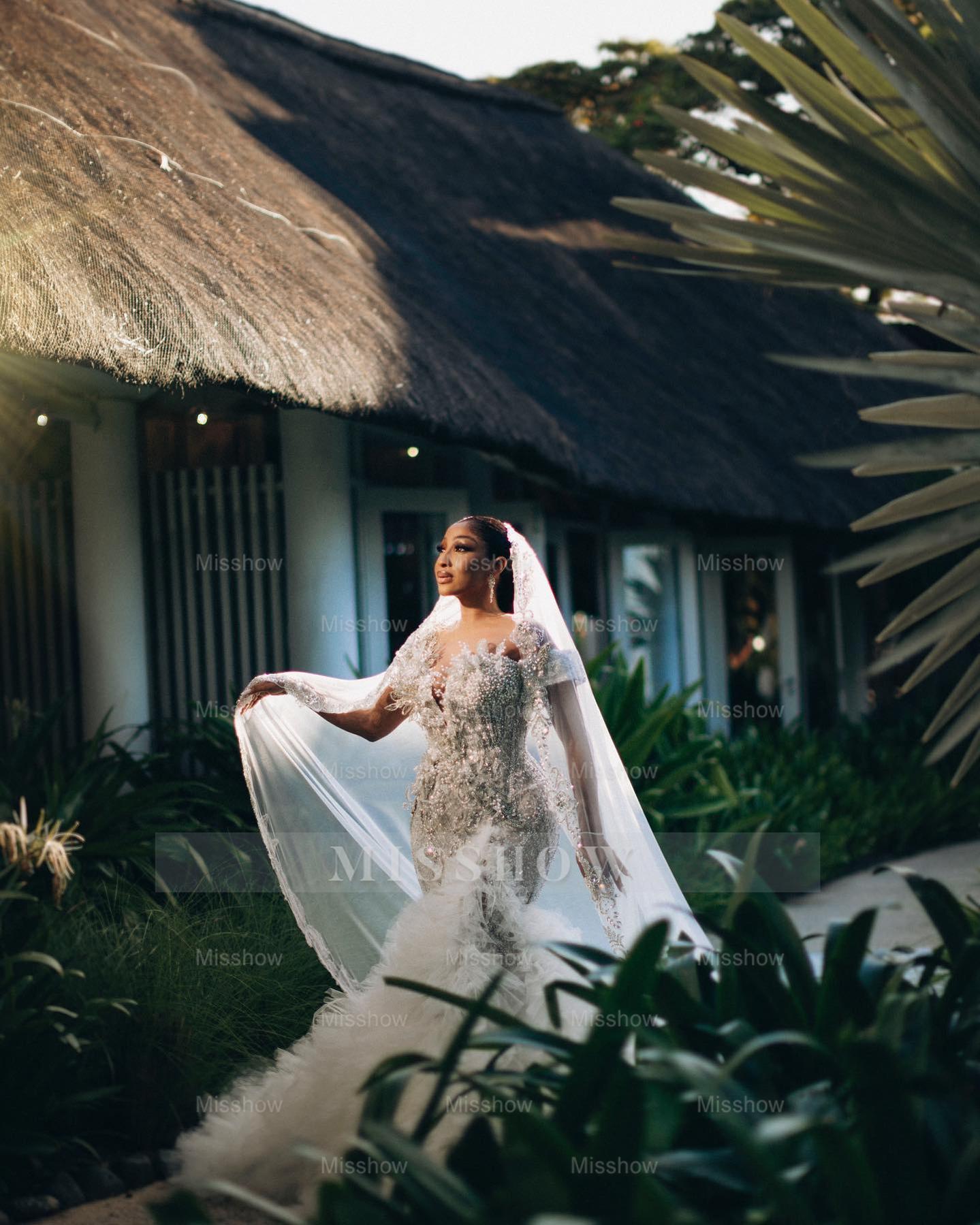 Luxury Long Mermaid Heavy Made Beaded Wedding Dress with Slit and Ruffles Luxury Long Mermaid Heavy Made Beaded Wedding Dress with Slit and Ruffles