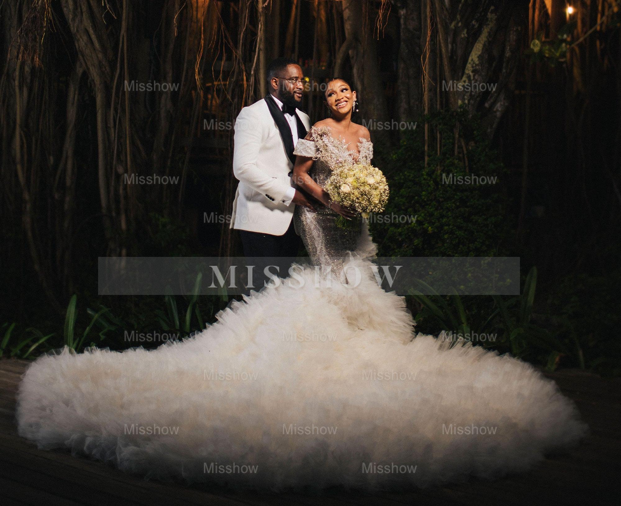 Luxury Long Mermaid Heavy Made Beaded Wedding Dress with Slit and Ruffles Luxury Long Mermaid Heavy Made Beaded Wedding Dress with Slit and Ruffles