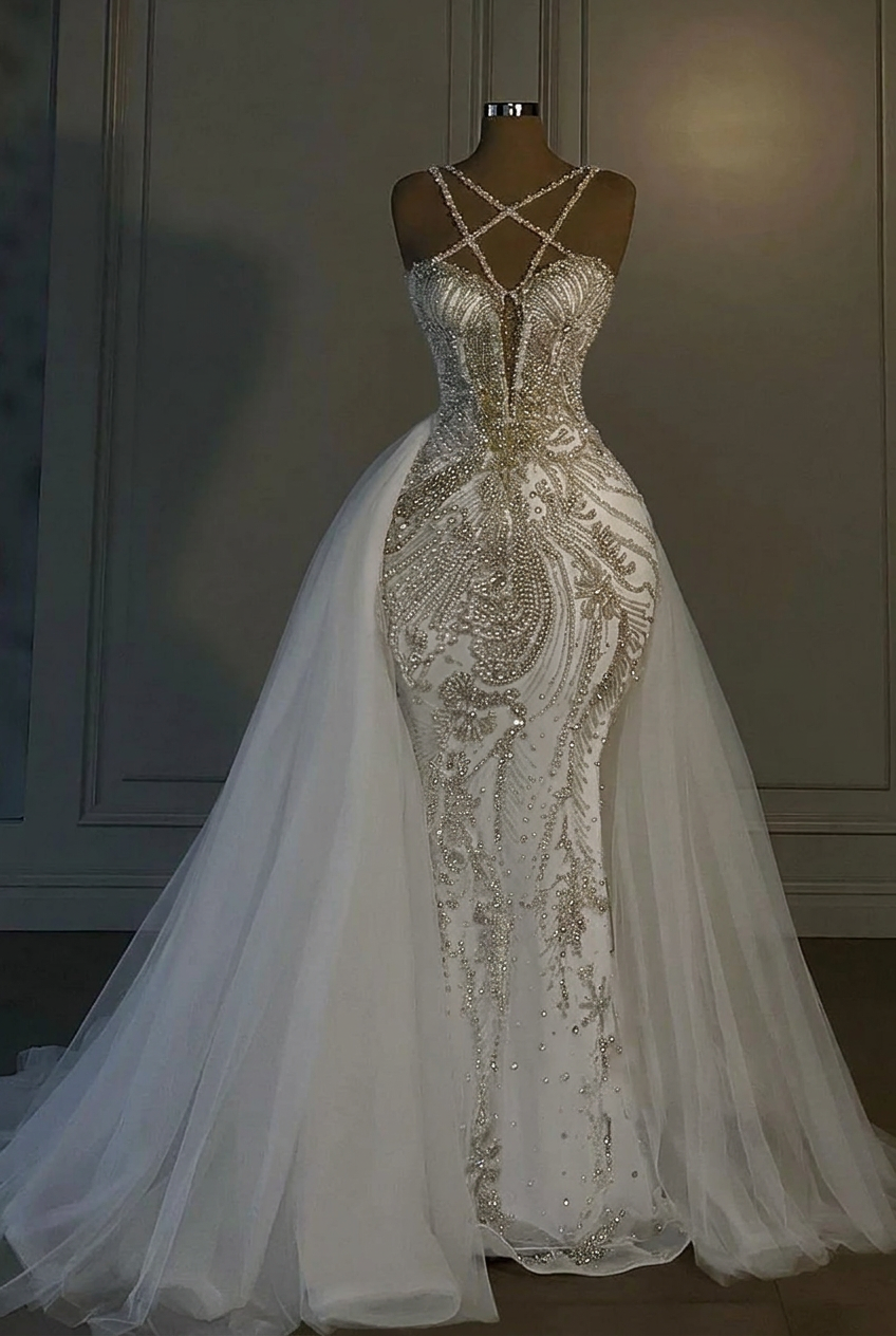 White v-neck beaded mermaid wedding dress
