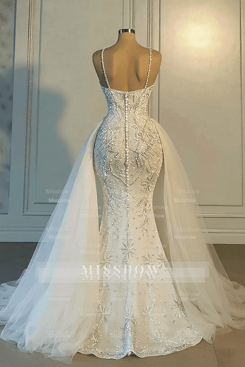 Luxury Long Mermaid V-Neck Spaghetti Strap Heavy Wedding Dress With Beadings