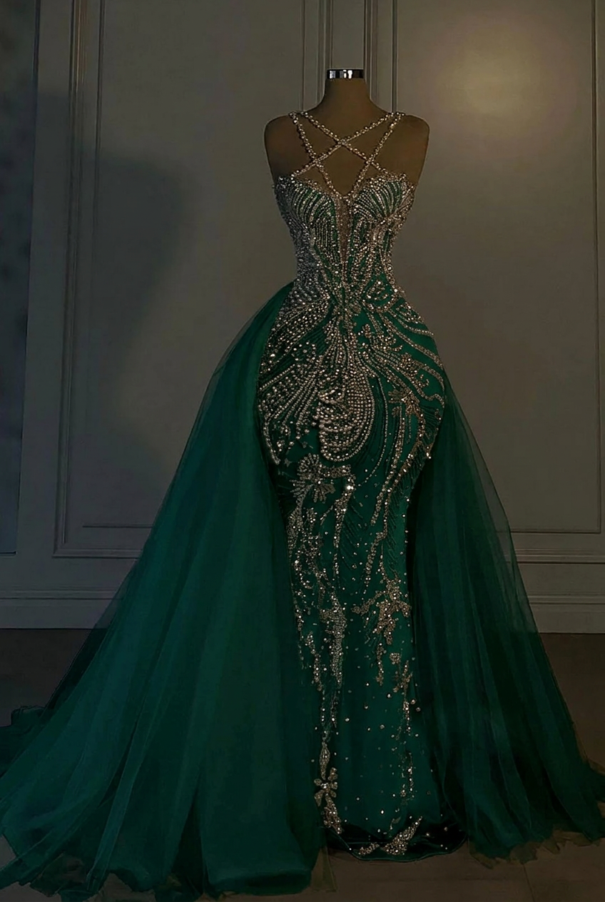 Dark green v-neck beaded mermaid wedding dress