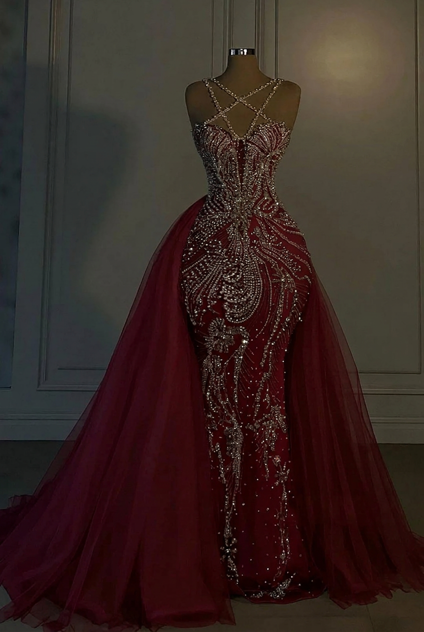 Burgundy v-neck beaded mermaid wedding dress