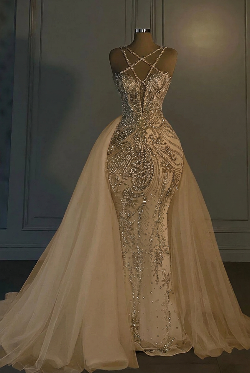 Champagne v-neck beaded mermaid wedding dress