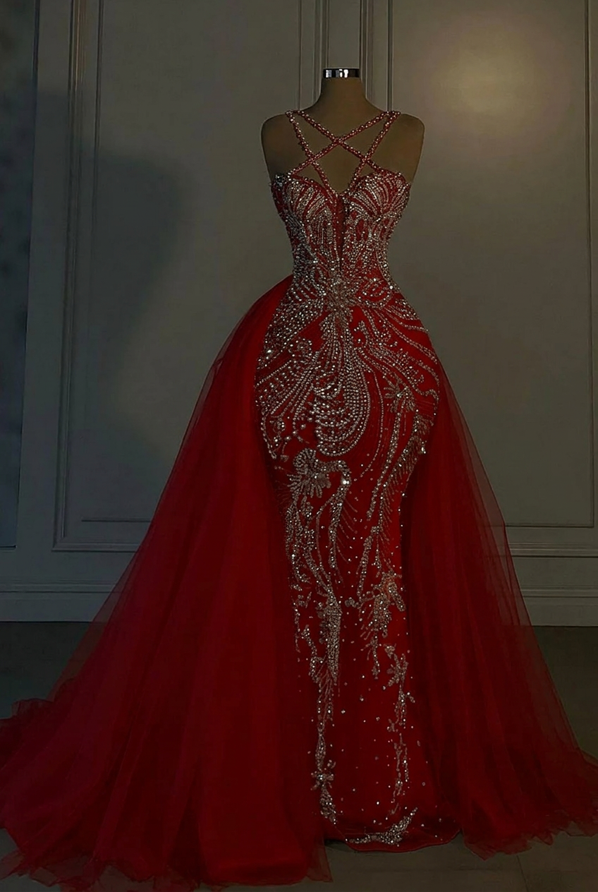 Red v-neck beaded mermaid wedding dress