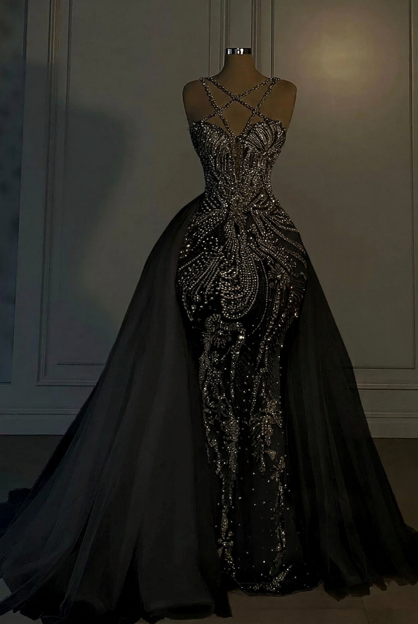 Black v-neck beaded mermaid wedding dress