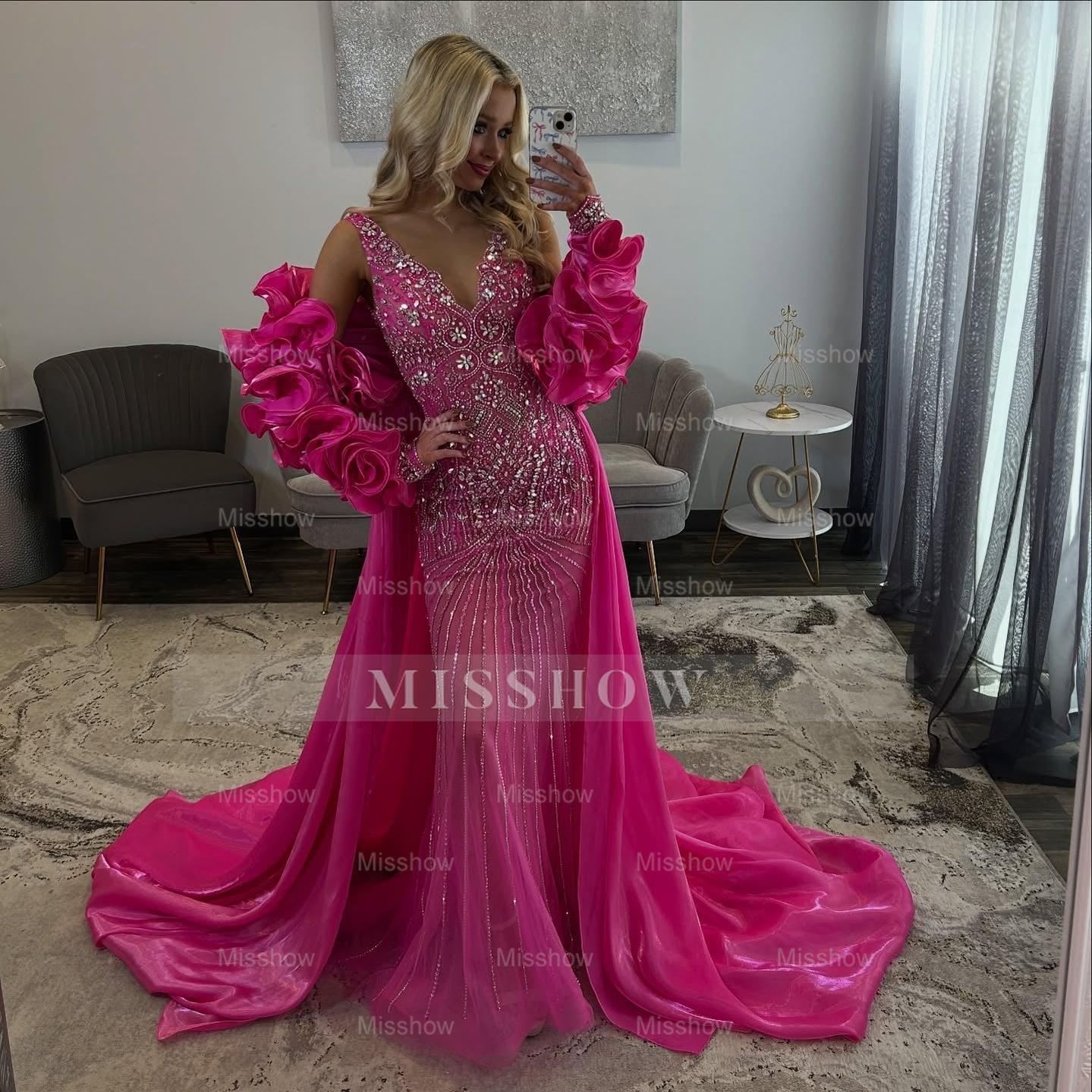 Luxury Long Mermaid V-neck Beaded Prom Dress with Detachable Train
