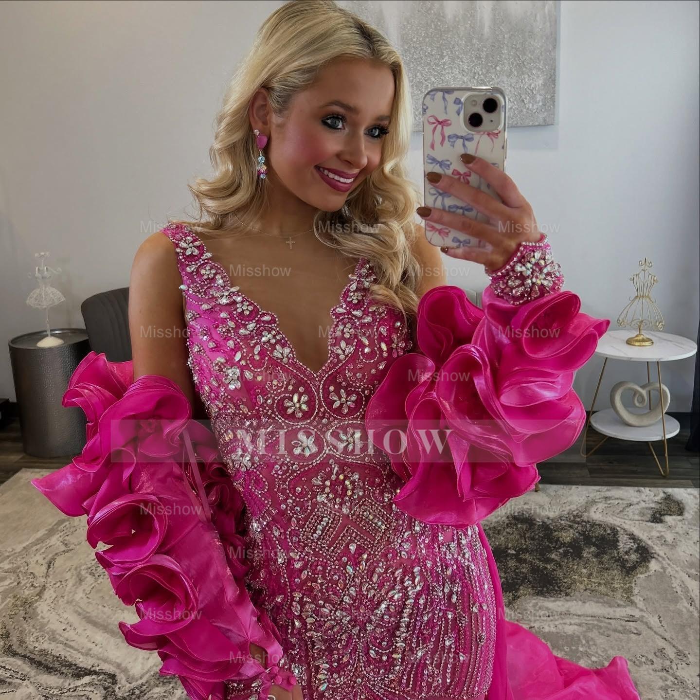 Luxury Long Mermaid V-neck Beaded Prom Dress with Detachable Train