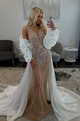 Luxury Long Mermaid V-neck Beaded Prom Dress with Detachable Train