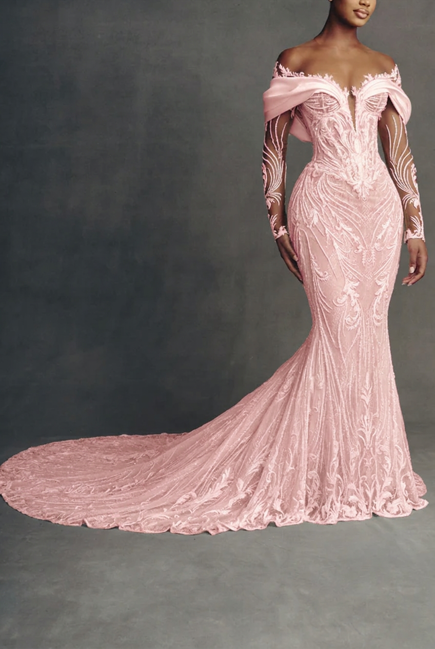 Blushing pink scoop beaded mermaid wedding dress