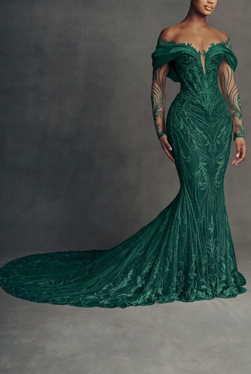 Dark green scoop beaded mermaid wedding dress