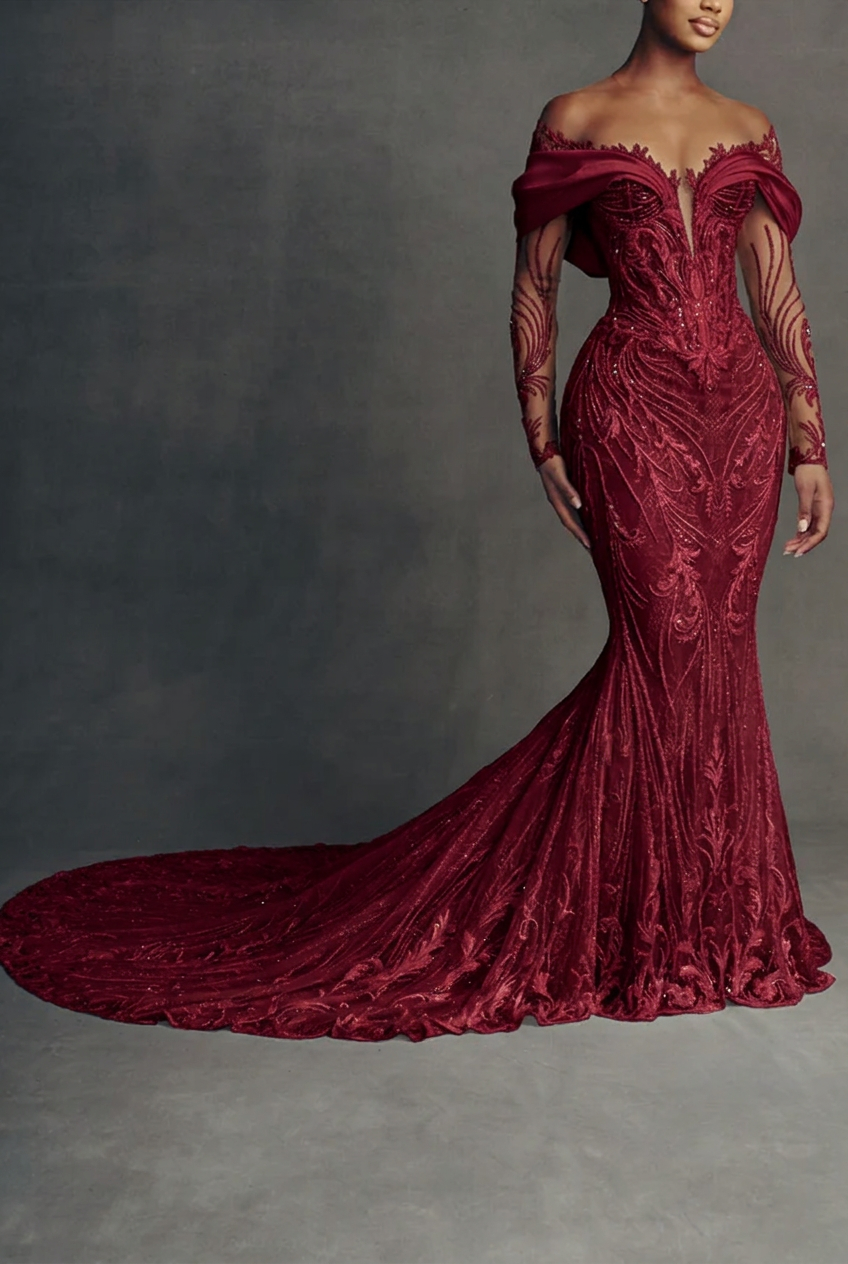 Burgundy scoop beaded mermaid wedding dress