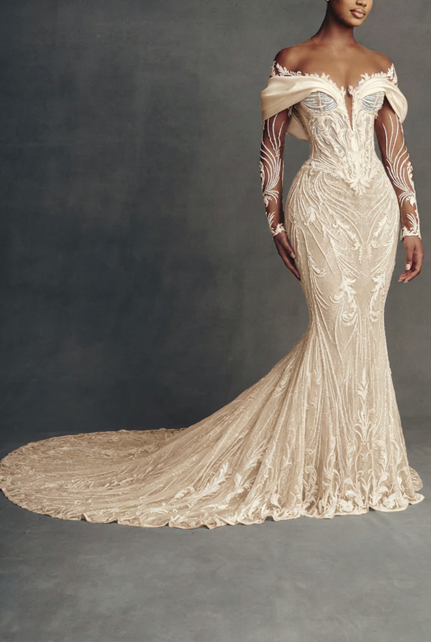 Champagne scoop beaded mermaid wedding dress