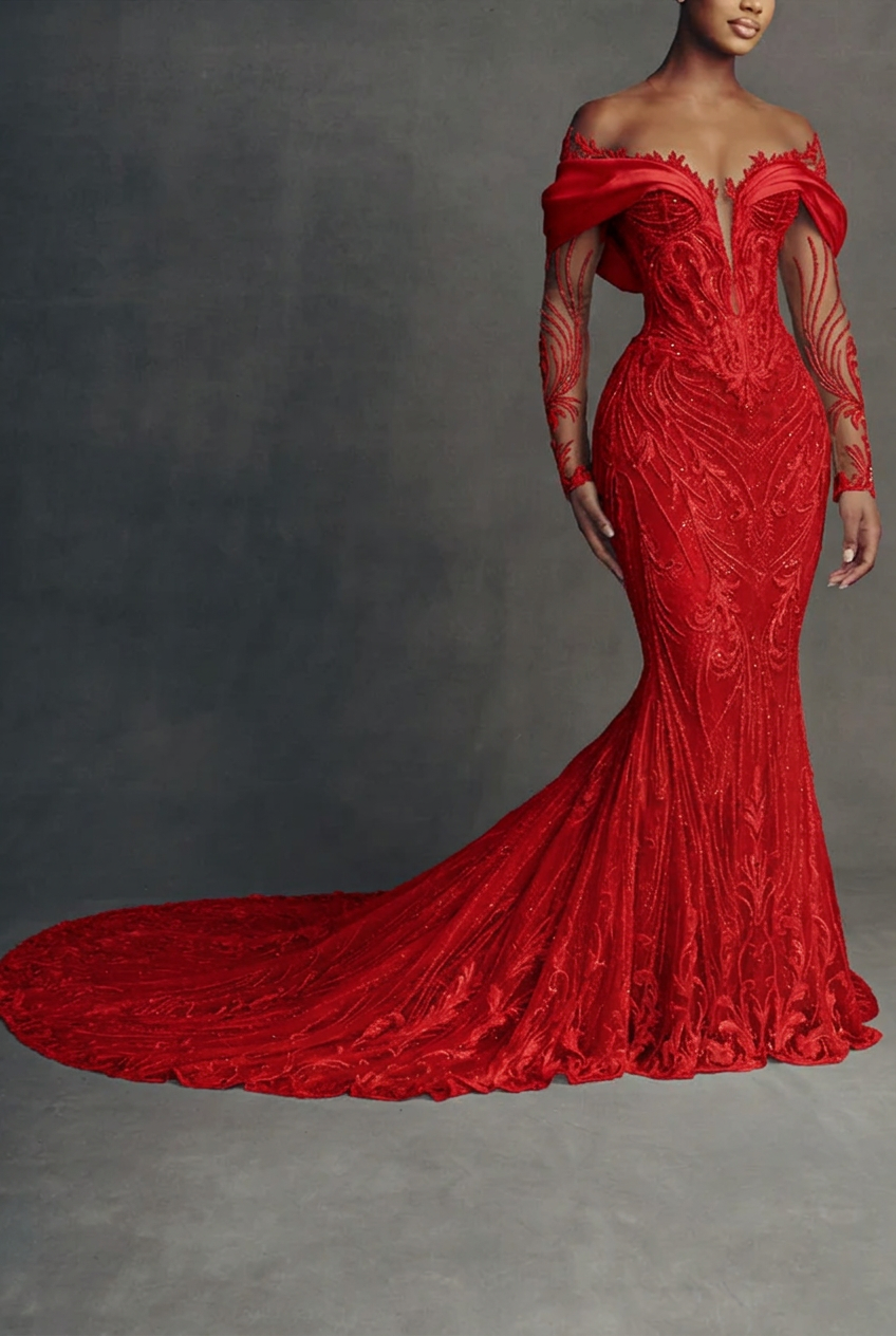 Red scoop beaded mermaid wedding dress
