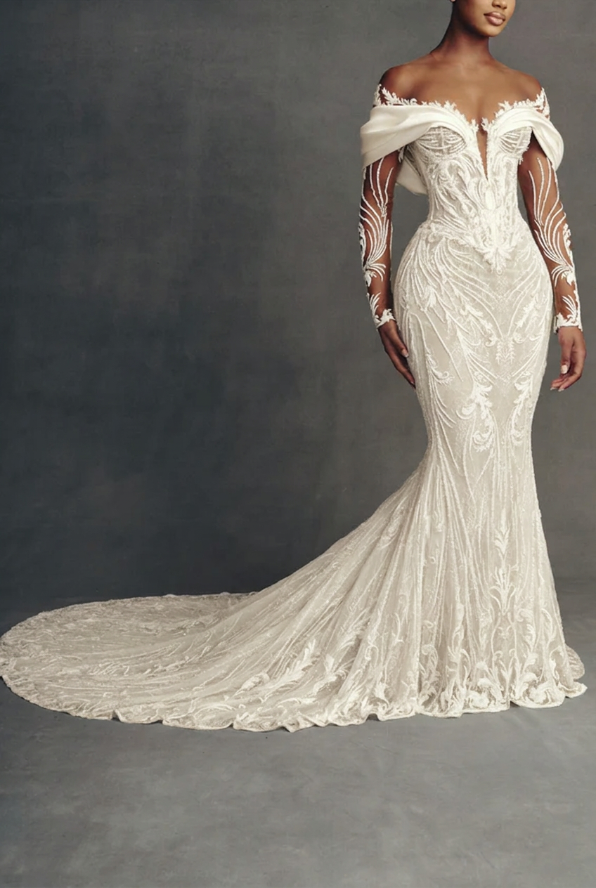 Ivory scoop beaded mermaid wedding dress