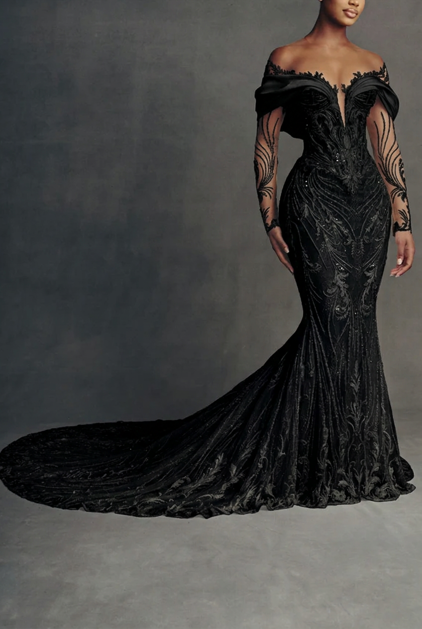 Black scoop beaded mermaid wedding dress