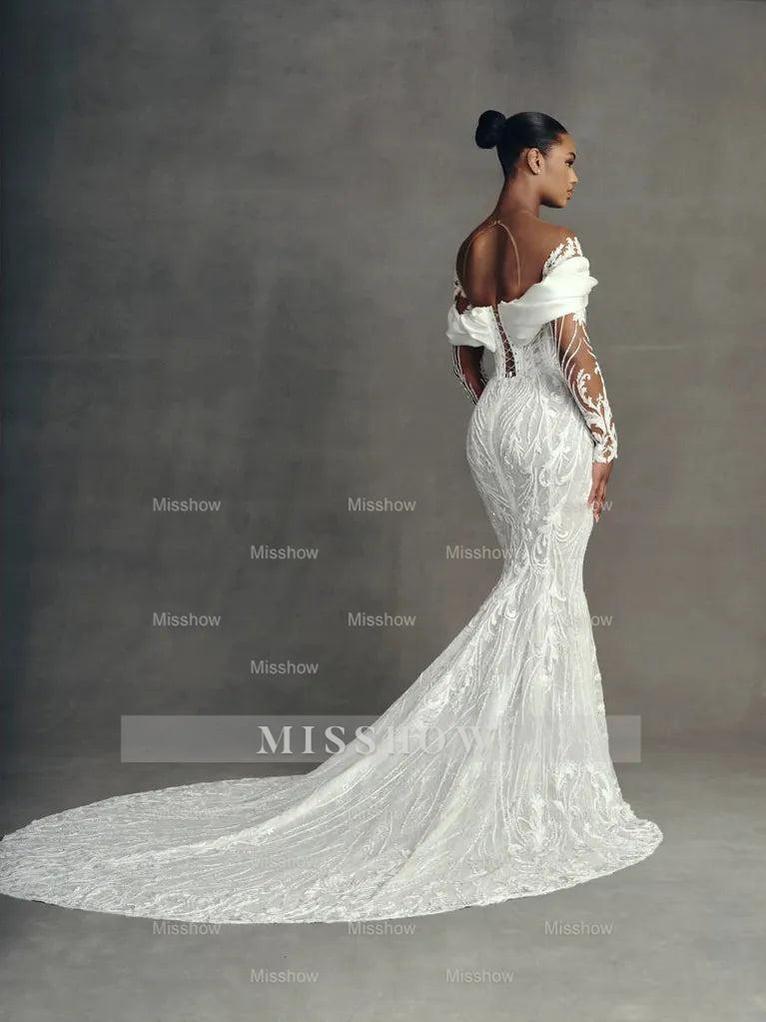 Luxury Long Mermaid White Long Sleeves Beaded Lace Wedding Dress with Detachable Train Luxury Long Mermaid White Long Sleeves Beaded Lace Wedding Dress with Detachable Train