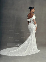 Luxury Long Mermaid White Long Sleeves Beaded Lace Wedding Dress with Detachable Train