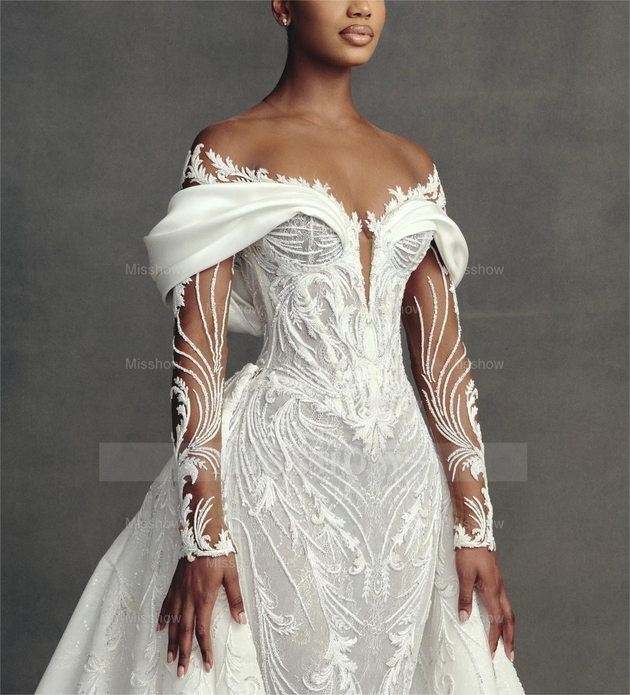 Luxury Long Mermaid White Long Sleeves Beaded Lace Wedding Dress with Detachable Train