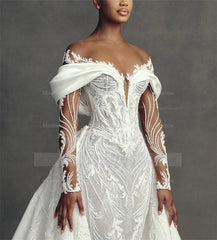 Luxury Long Mermaid White Long Sleeves Beaded Lace Wedding Dress with Detachable Train