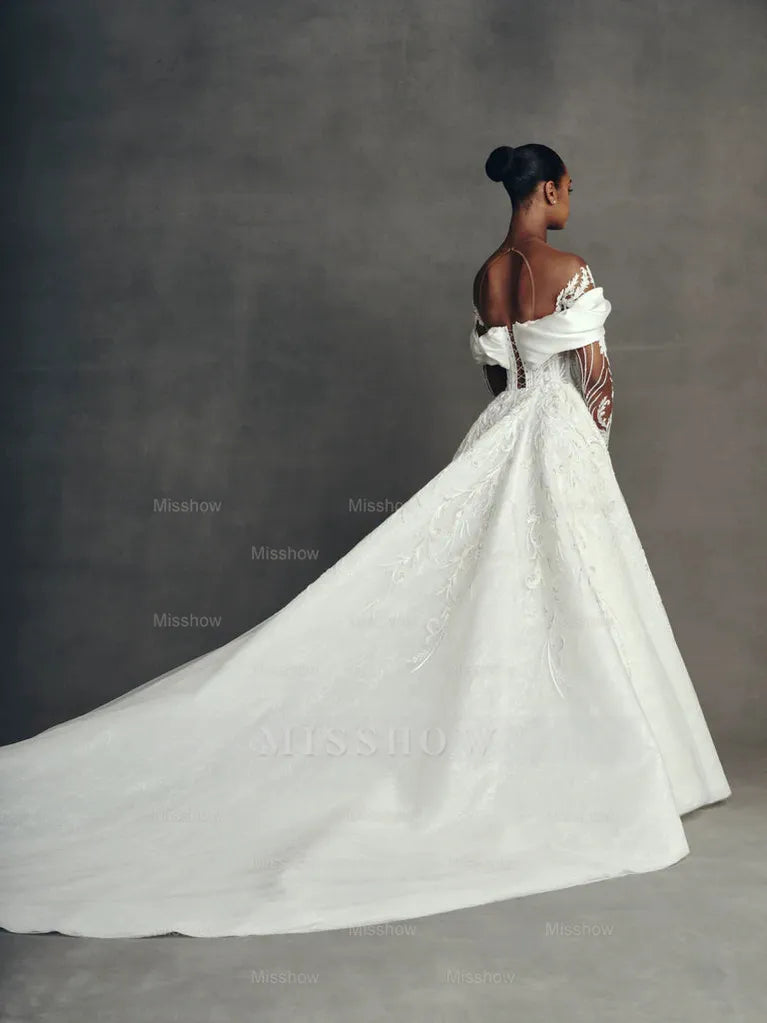 Luxury Long Mermaid White Long Sleeves Beaded Lace Wedding Dress with Detachable Train