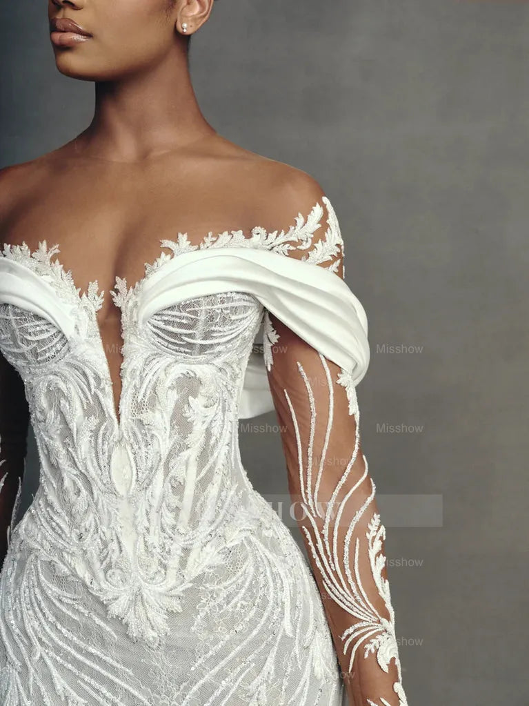 Luxury Long Mermaid White Long Sleeves Beaded Lace Wedding Dress with Detachable Train
