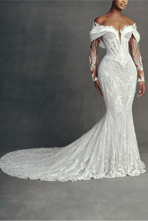 Luxury Long Mermaid White Long Sleeves Beaded Lace Wedding Dress with Detachable Train