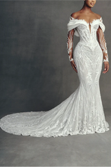 Luxury Long Mermaid White Long Sleeves Beaded Lace Wedding Dress with Detachable Train