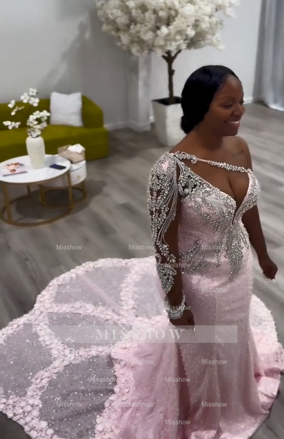 Luxury Long Pink Mermaid Beaded Lace One Shoulder Wedding Dress with Detachable Train