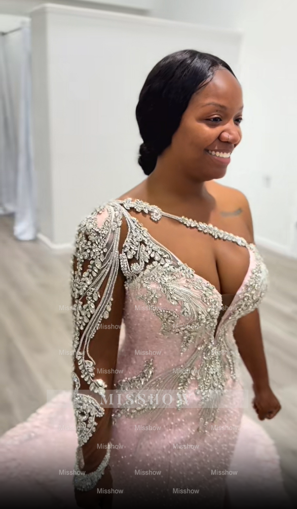 Luxury Long Pink Mermaid Beaded Lace One Shoulder Wedding Dress with Detachable Train