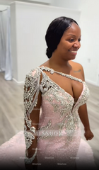 Luxury Long Pink Mermaid Beaded Lace One Shoulder Wedding Dress with Detachable Train