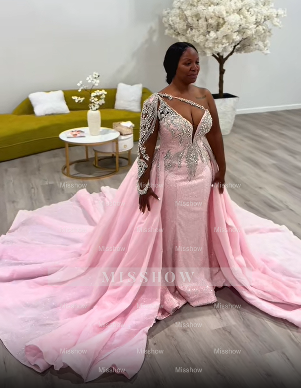 Luxury Long Pink Mermaid Beaded Lace One Shoulder Wedding Dress with Detachable Train