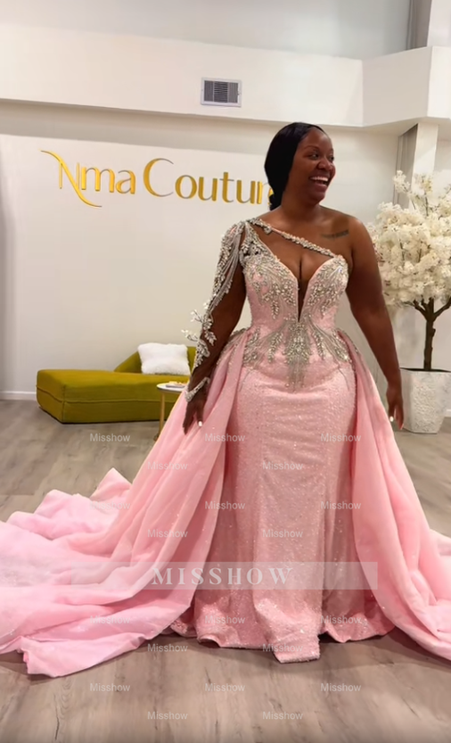 Luxury Long Pink Mermaid Beaded Lace One Shoulder Wedding Dress with Detachable Train