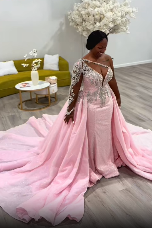 Luxury Long Pink Mermaid Beaded Lace One Shoulder Wedding Dress with Detachable Train