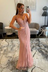 Luxury Long Pink Mermaid Strapless Crystal Prom Dress with Slit