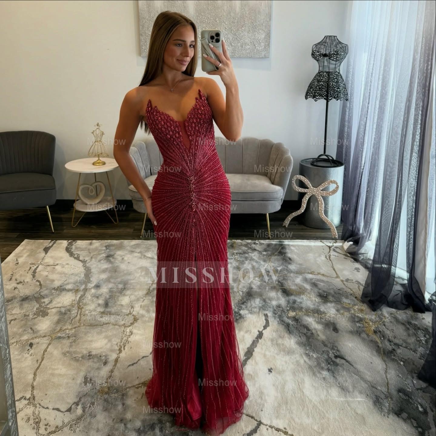 Burgundy strapless split-front mermaid prom dress